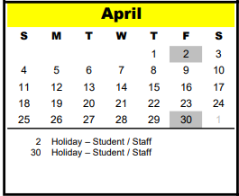 District School Academic Calendar for Memorial Drive Elementary for April 2021