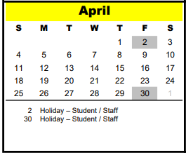 District School Academic Calendar for Buffalo Creek Elementary for April 2021