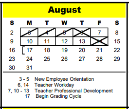 District School Academic Calendar for Bendwood School for August 2020