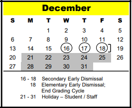 District School Academic Calendar for Shadow Oaks Elementary for December 2020