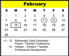 District School Academic Calendar for Spring Branch Elementary for February 2021