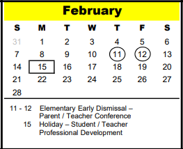 District School Academic Calendar for Spring Branch Ed Ctr for February 2021