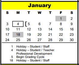 District School Academic Calendar for Spring Branch Elementary for January 2021
