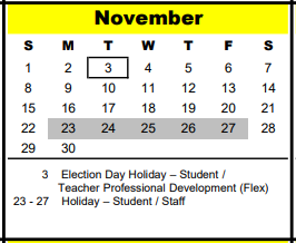 District School Academic Calendar for Woodview Elementary for November 2020