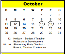 District School Academic Calendar for Cedar Brook Elementary for October 2020