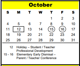 District School Academic Calendar for Harold D Guthrie Center For Excell for October 2020