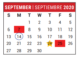 District School Academic Calendar for Stafford Primary School for September 2020