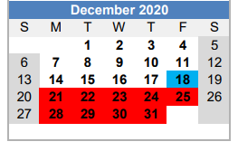District School Academic Calendar for Ah Watwood Elementary School for December 2020