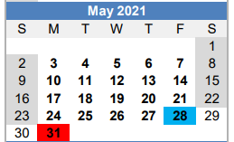 District School Academic Calendar for Bb Comer Memorial High School for May 2021