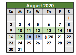 District School Academic Calendar for Taylor Alter Ctr for August 2020