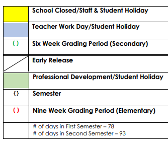 District School Academic Calendar Legend for Lott Juvenile Detention Center