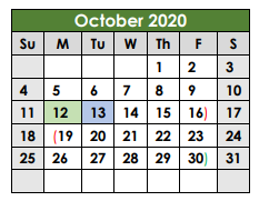 District School Academic Calendar for Williamson Co Jjaep for October 2020