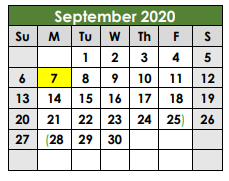 District School Academic Calendar for Taylor High School for September 2020