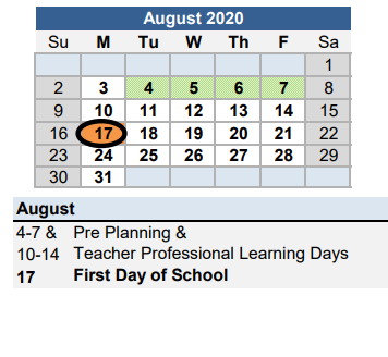 District School Academic Calendar for Unity Elementary School for August 2020