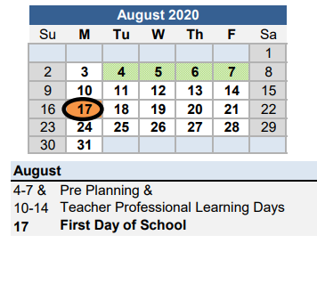 District School Academic Calendar for Hillcrest Elementary School for August 2020