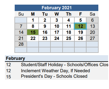 District School Academic Calendar for Long Cane Middle School for February 2021