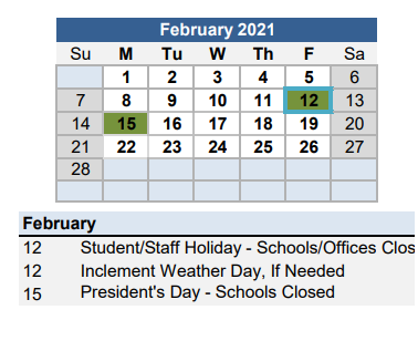 District School Academic Calendar for Callaway High School for February 2021