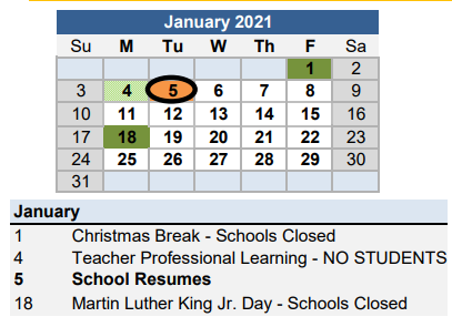District School Academic Calendar for Ethel Kight Magnet Elementary School for January 2021