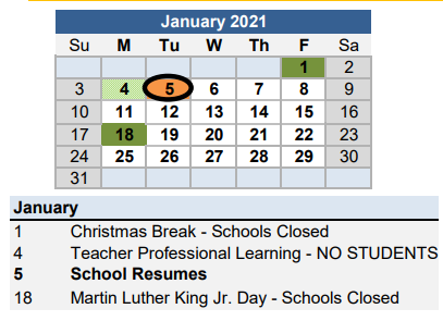 District School Academic Calendar for Franklin Forest Elementary for January 2021