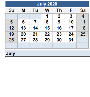 District School Academic Calendar for Unity Elementary School for July 2020