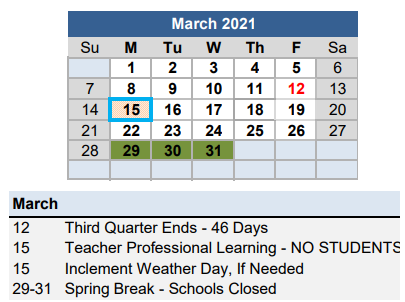 District School Academic Calendar for Troup County Student Services Center for March 2021