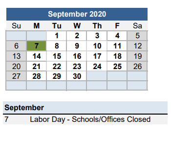 District School Academic Calendar for Berta Weathersbee Elementary School for September 2020