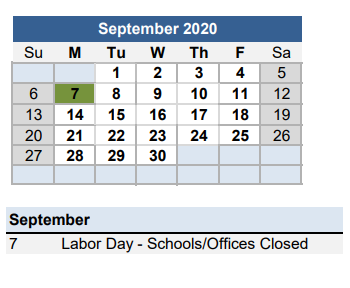 District School Academic Calendar for Ethel Kight Magnet Elementary School for September 2020