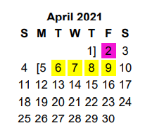 District School Academic Calendar for Jim Plyler Instructional Complex for April 2021