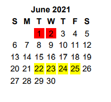 District School Academic Calendar for Caldwell Elementary Arts Academy for June 2021