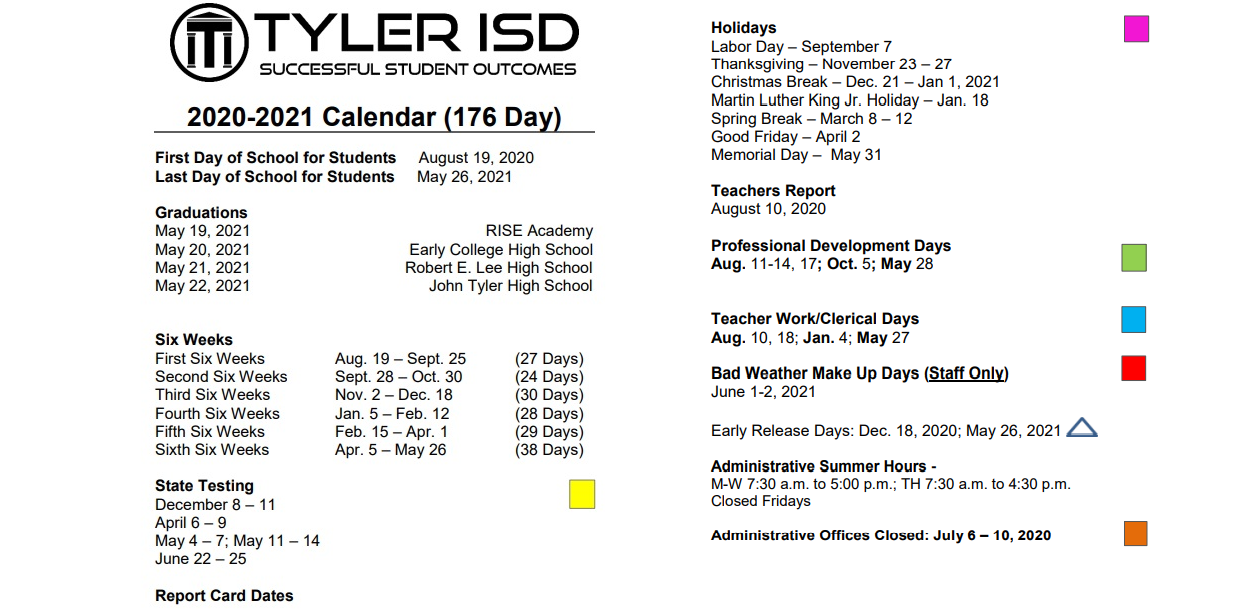 District School Academic Calendar Key for Camp Tyler