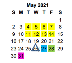 District School Academic Calendar for Jim Plyler Instructional Complex for May 2021