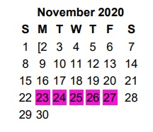 District School Academic Calendar for Jim Plyler Instructional Complex for November 2020