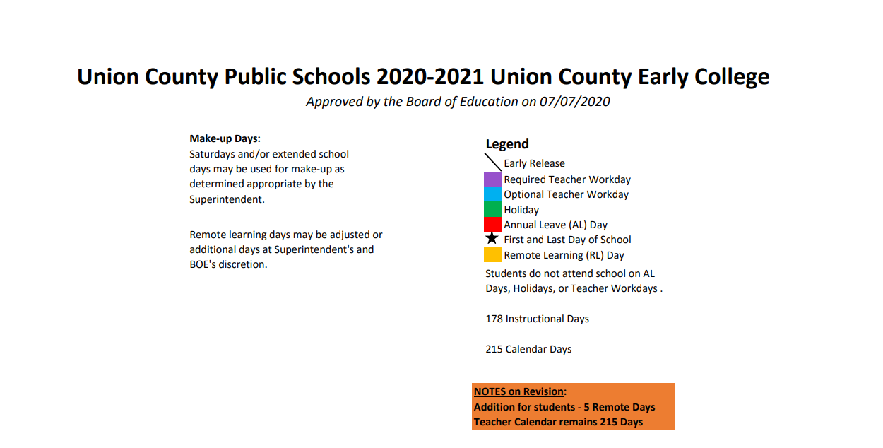 District School Academic Calendar Key for Union Early College