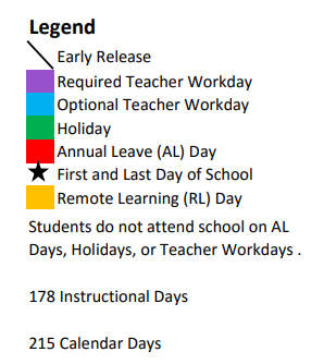 District School Academic Calendar Legend for Union Early College