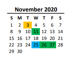 District School Academic Calendar for Walter Bickett Elementary for November 2020