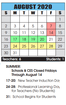 District School Academic Calendar for Cascade School for August 2020