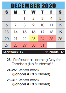 District School Academic Calendar for Cascade School for December 2020