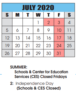 District School Academic Calendar for Cascade School for July 2020