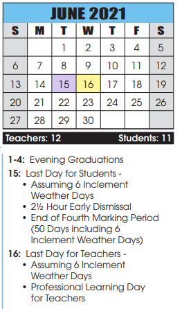 District School Academic Calendar for Bester Elementary for June 2021