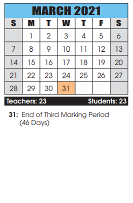 District School Academic Calendar for Marshall Street School for March 2021