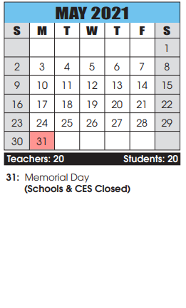 District School Academic Calendar for Bester Elementary for May 2021