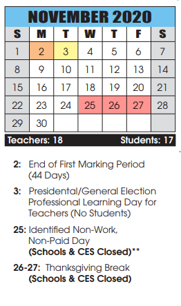 District School Academic Calendar for Evening High School for November 2020