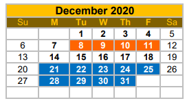District School Academic Calendar for Zapata South Elementary School for December 2020