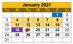 District School Academic Calendar for Zapata South Elementary School for January 2021