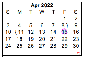 District School Academic Calendar for Travis Opportunity Ctr for April 2022