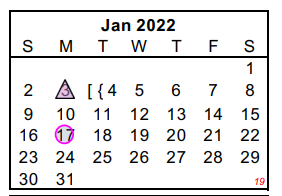 District School Academic Calendar for Travis Opportunity Ctr for January 2022
