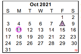 District School Academic Calendar for Travis Opportunity Ctr for October 2021