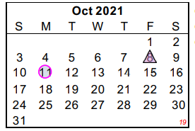 District School Academic Calendar for Juvenile Detention Center for October 2021