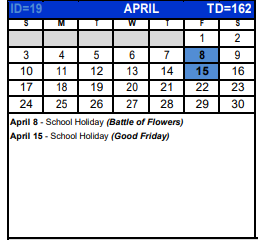 District School Academic Calendar for Bexar Co J J A E P for April 2022