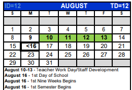 District School Academic Calendar for Cambridge Elementary for August 2021